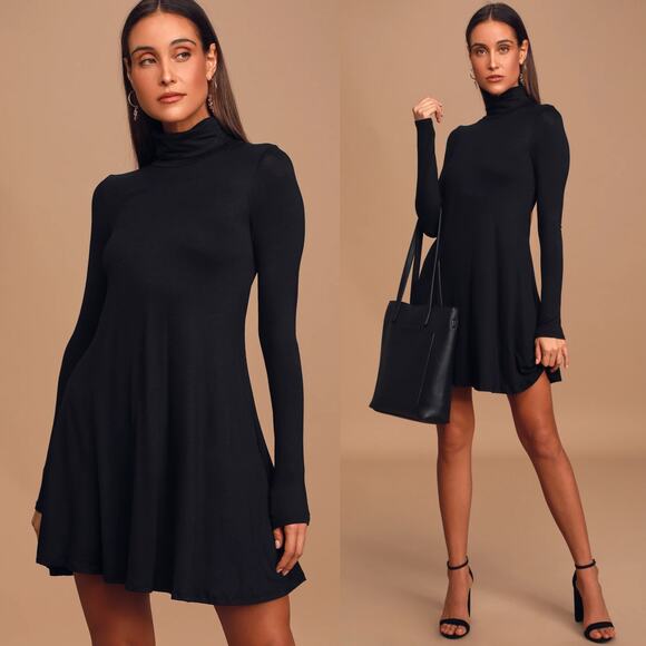 Lulus Black Sway Girl Sway Swing Turtleneck Mini Dress Long Sleeve Jersey Small - Picture 3 of 16